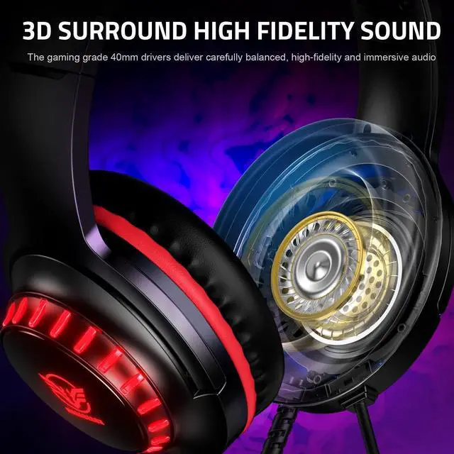 Alt view image 3 of 5 - Pacrate Gaming Headset for PS4/PS5/Xbox One/Nintendo Switch/PC, PS4 Headset with Microphone Xbox Headset with LED Lights, Noise Cancelling PS5 Headset for Kids Adults - Red