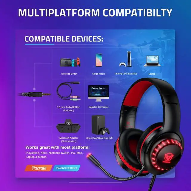 Alt view image 4 of 5 - Pacrate Gaming Headset for PS4/PS5/Xbox One/Nintendo Switch/PC, PS4 Headset with Microphone Xbox Headset with LED Lights, Noise Cancelling PS5 Headset for Kids Adults - Red