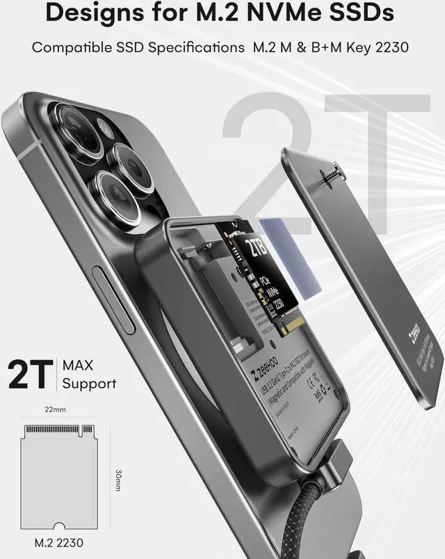 Alt view image 2 of 5 - ZeeHoo Magnetic 2230 NVMe M.2 SSD Enclosure, 10Gbps USB C 3.2 to NVMe M.2 Adapter, Aluminum External SSD Case, Support M-Key B+M Key UASP