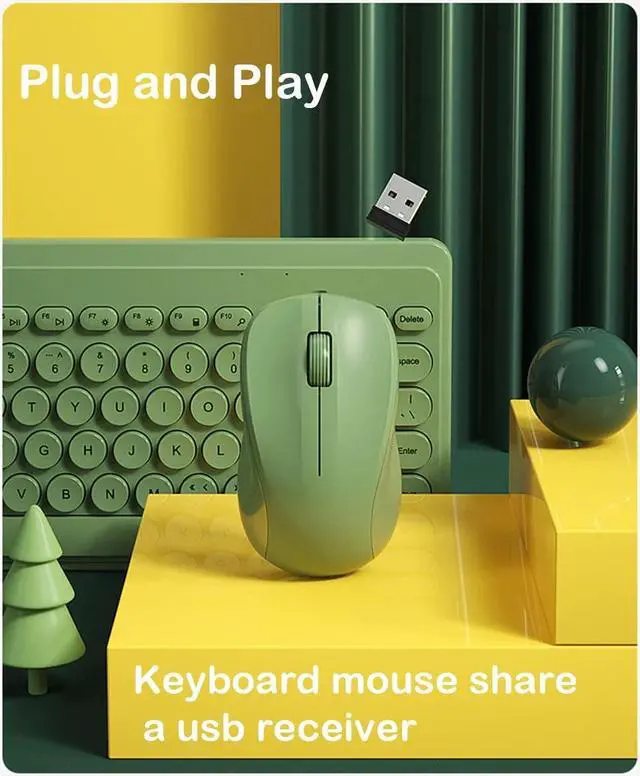 Alt view image 2 of 5 - Keyboard and Mouse Combo,2.4G Wireless 79 Cute Round Keys Small Keyboards Silent and 1600 DPI Optical Mice Set (Green)