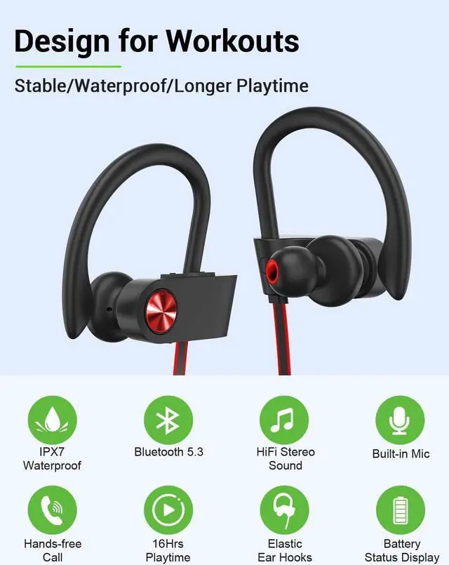 Alt view image 2 of 5 - Stiive Bluetooth Headphones, 5.3 Wireless Sports Earbuds IPX7 Waterproof with Mic, Stereo Sweatproof in-Ear Earphones, Noise Cancelling Headsets for Gym Running Workout, 16 Hours Playtime - BlackRed