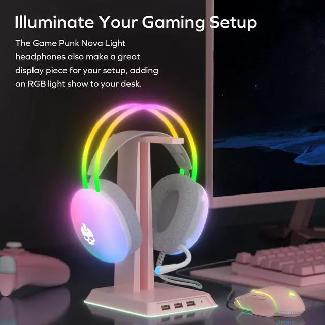 Alt view image 2 of 5 - GAME PUNK Nova Light Gaming Headset with Mic, Translucent Wired RGB Headphones, Compatible with PCs, Xbox Series X/S, PlayStation 5/4, Nintendo Switch, Passive Noise-Cancelling, Includes USB-A Cord
