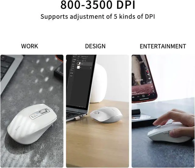 Alt view image 4 of 5 - TMICE Wireless Bluetooth Mouse, Dual-Mode, 500mAh Battery, 5 DPI Adjustment, 10M Working Distance, White
