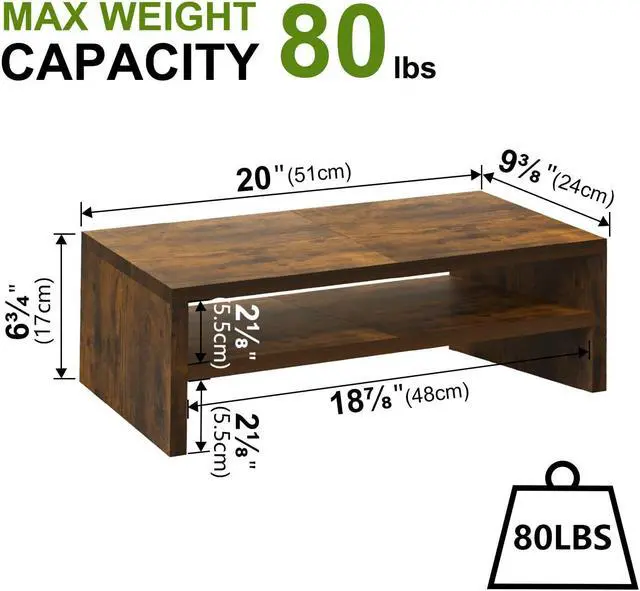 Alt view image 4 of 5 - TEAMIX 2 Tier Wooden Monitor Riser Stand, Desktop Stand with storage for Laptop/PC/Printer/Keyboard, TV Stand Shelf Home Office Desk Accessories
