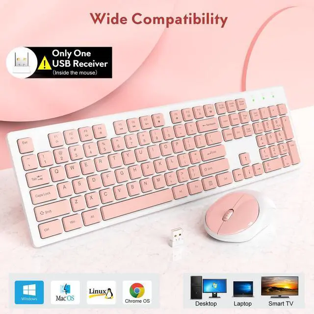 Alt view image 5 of 5 - Wireless Keyboard and Mouse, Trueque Silent 2.4GHz Cordless Full Size USB Mouse Combo, Long Battery Life, Lag-Free for Computer, Laptop, PC, Windows, Mac, Chrome OS (Pink)