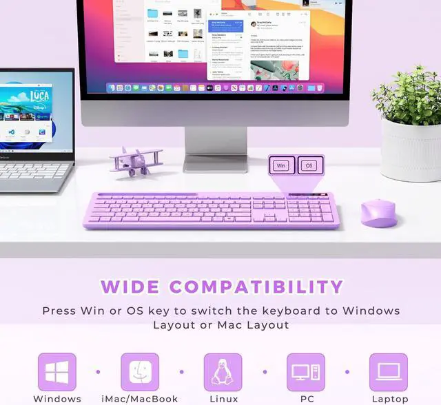 Alt view image 3 of 5 - Purple Keyboard and Mouse Wireless, Vivefox Full-Size Wireless Keyboard with Phone Holder USB A & Type C Cute Keyboard and Mouse Compatible for Windows, Mac, MacBook/Air/Pro Computer