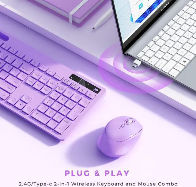 Alt view image 5 of 5 - Purple Keyboard and Mouse Wireless, Vivefox Full-Size Wireless Keyboard with Phone Holder USB A & Type C Cute Keyboard and Mouse Compatible for Windows, Mac, MacBook/Air/Pro Computer