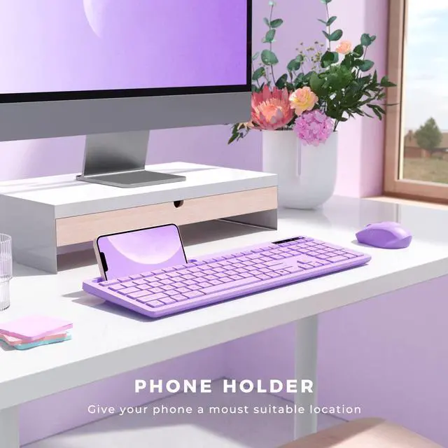 Alt view image 4 of 5 - Purple Keyboard and Mouse Wireless, Vivefox Full-Size Wireless Keyboard with Phone Holder USB A & Type C Cute Keyboard and Mouse Compatible for Windows, Mac, MacBook/Air/Pro Computer