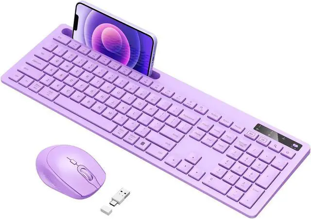 Main image of Purple Keyboard and Mouse Wireless, Vivefox Full-Size Wireless Keyboard with Phone Holder USB A & Type C Cute Keyboard and Mouse Compatible for Windows, Mac, MacBook/Air/Pro Computer