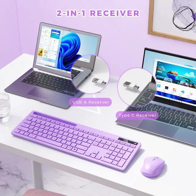 Alt view image 2 of 5 - Purple Keyboard and Mouse Wireless, Vivefox Full-Size Wireless Keyboard with Phone Holder USB A & Type C Cute Keyboard and Mouse Compatible for Windows, Mac, MacBook/Air/Pro Computer