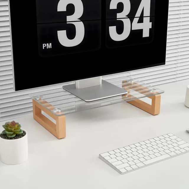 Alt view image 2 of 5 - YEOUX Multi-Purpose Desktop Stand, Clear Floating Computer Monitor Riser with Natural Wood Base, Desk Organization Shelf for Printer, Laptop, Audio Device, Flat Screen