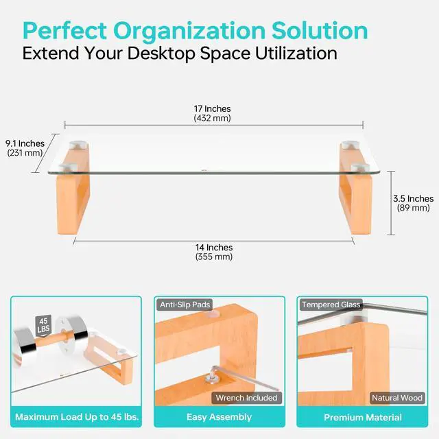 Alt view image 5 of 5 - YEOUX Multi-Purpose Desktop Stand, Clear Floating Computer Monitor Riser with Natural Wood Base, Desk Organization Shelf for Printer, Laptop, Audio Device, Flat Screen
