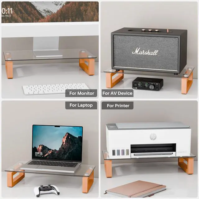 Alt view image 4 of 5 - YEOUX Multi-Purpose Desktop Stand, Clear Floating Computer Monitor Riser with Natural Wood Base, Desk Organization Shelf for Printer, Laptop, Audio Device, Flat Screen