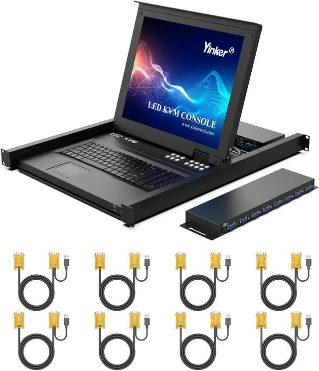 Main image of Yinker LCD KVM Switch VGA, 17'' LCD Monitor Rack Mount KVM Console 8 Port for 1U 19'' Rack Cabinet, Support Hotkey + OSD Menu, Integrated with US Keyboard + Touchpad + KVM Cables