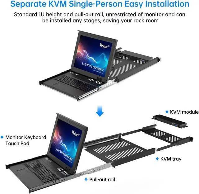 Alt view image 4 of 5 - Yinker LCD KVM Switch VGA, 17'' LCD Monitor Rack Mount KVM Console 8 Port for 1U 19'' Rack Cabinet, Support Hotkey + OSD Menu, Integrated with US Keyboard + Touchpad + KVM Cables