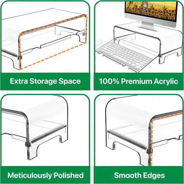 Alt view image 2 of 5 - AMT 2 Tier 5.7 Inch High Acrylic Laptop Monitor Stand & Computer Riser with Cat Keyboard Protector, Space-Saving Design, Extra Storage, Clear Shelf - Ideal for Monitors, Laptops, Printers, Desktop