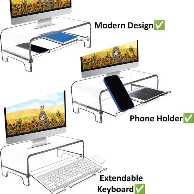 Alt view image 3 of 5 - AMT 2 Tier 5.7 Inch High Acrylic Laptop Monitor Stand & Computer Riser with Cat Keyboard Protector, Space-Saving Design, Extra Storage, Clear Shelf - Ideal for Monitors, Laptops, Printers, Desktop