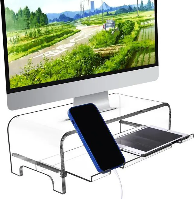 Alt view image 5 of 5 - AMT 2 Tier 5.7 Inch High Acrylic Laptop Monitor Stand & Computer Riser with Cat Keyboard Protector, Space-Saving Design, Extra Storage, Clear Shelf - Ideal for Monitors, Laptops, Printers, Desktop