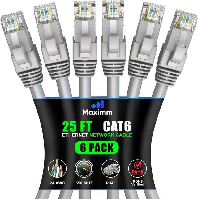 Main image of Maximm Cat 6 Ethernet Cable 25 ft (6-Pack) - High-Speed LAN Cable, Internet Cable, Patch Cable, and Network Cable - UTP, 10Gbps, 550MHz Ethernet Cord - Gray
