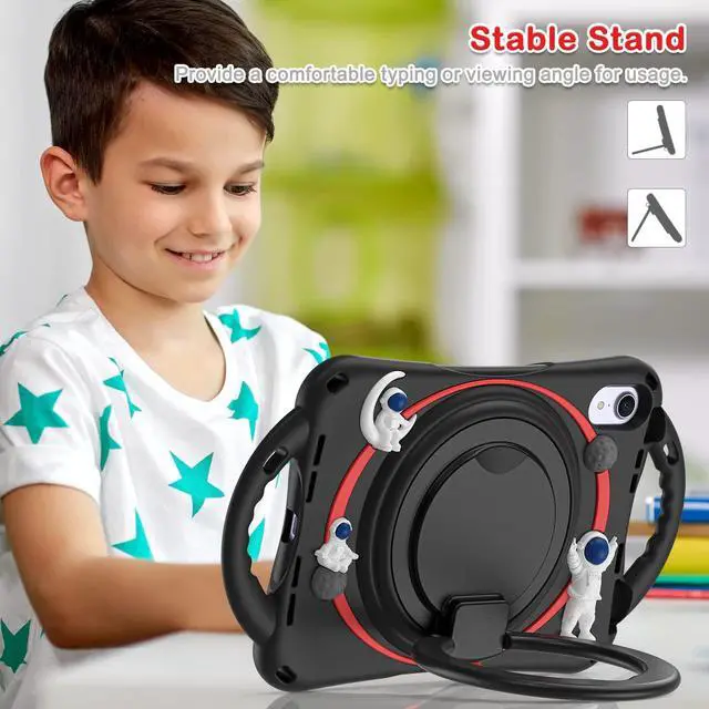 Alt view image 3 of 5 - GooodiDEAR iPad Mini 6 Case for Kids - 6th Gen Case, Durable Shockproof, 360deg Rotating Grip, Foldable Handle, Secure Stand Kickstand, Stylish Black Silicone & PC, with Convenient Carrying Strap