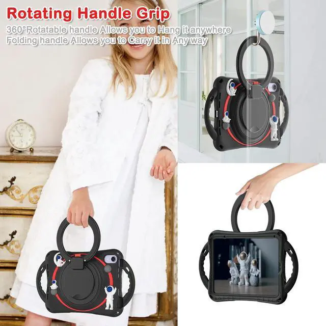Alt view image 4 of 5 - GooodiDEAR iPad Mini 6 Case for Kids - 6th Gen Case, Durable Shockproof, 360deg Rotating Grip, Foldable Handle, Secure Stand Kickstand, Stylish Black Silicone & PC, with Convenient Carrying Strap