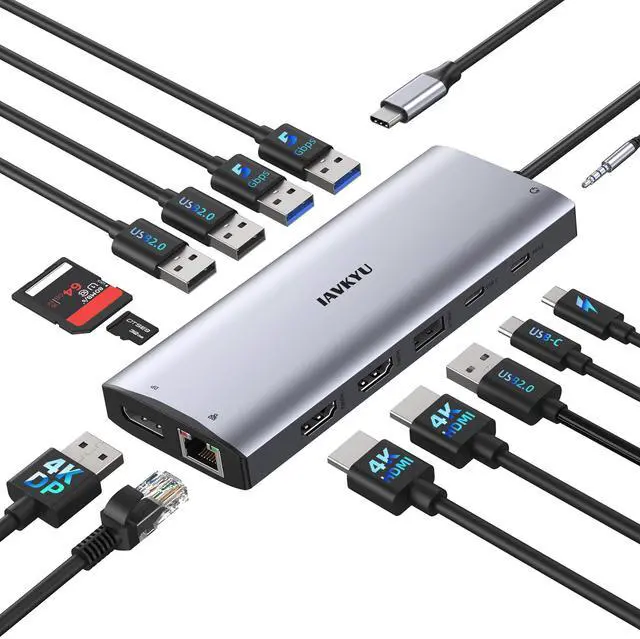 Main image of USB C Docking Station 3 Monitors 4K@60Hz, 14-in-1 Laptop Docking Station with 2 HDMI 4K@60Hz, DP 8K@30Hz/ 4K@144Hz, 3 USB 3.0, 2 USB 2.0, RJ45, Audio, PD 100W, USB-C HUB for Windows Laptop Accessories