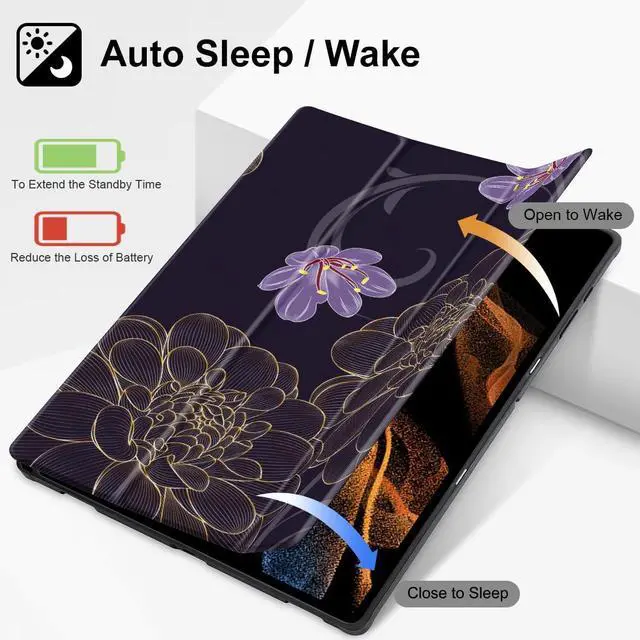 Alt view image 2 of 5 - Mektron Case for Samsung Tab S9 Ultra 14.6 Inch 2023 Model X910/X916/X918,Built-on Pencil Holder Hard Cover with Auto Wake/Sleep, Multi-Angle Stand for Galaxy Tab S9 Ultra 14.6",Golden Dahlia Flowers