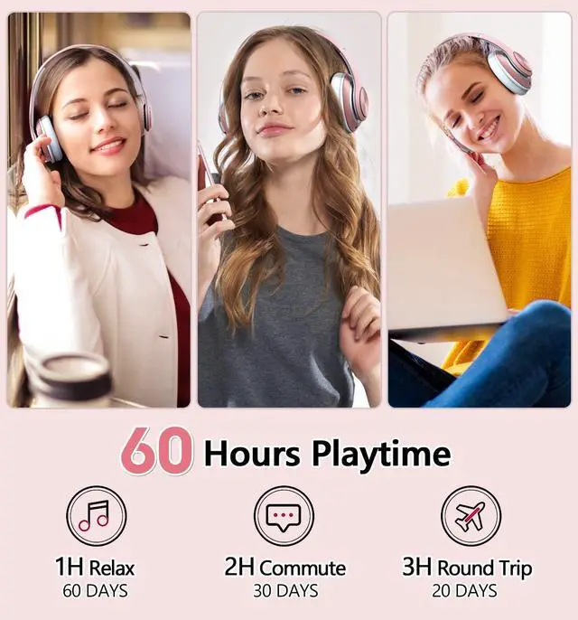 Alt view image 2 of 5 - Tuitager 9S Over Ear Bluetooth Headphones, 60 Hours Playtime, Hi-Fi Stereo, Deep Bass, Microphone, Foldable, Rose Gold