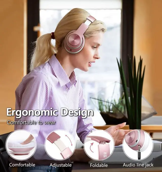 Alt view image 3 of 5 - Tuitager 9S Over Ear Bluetooth Headphones, 60 Hours Playtime, Hi-Fi Stereo, Deep Bass, Microphone, Foldable, Rose Gold