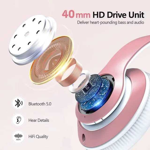 Alt view image 4 of 5 - Tuitager 9S Over Ear Bluetooth Headphones, 60 Hours Playtime, Hi-Fi Stereo, Deep Bass, Microphone, Foldable, Rose Gold