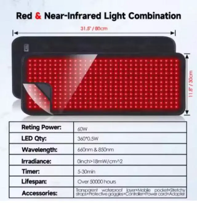 Alt view image 3 of 3 - COZING Red Light Therapy Pad for Full Body, 31.5" x 11.8", Dual Chip 360 LEDs 660nm & 850nm Infrared Light Therapy Belt for Back Waist Shoulder Knee Joint Pain Relief, Gift for Women Men, Black Edge