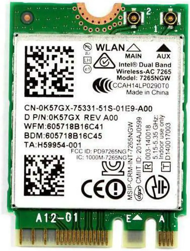 Main image of Intel Dell Dual Band AC 7265 7265NGW WiFi BlueTooth M.2 Ngff Card K57GX 0K57GX