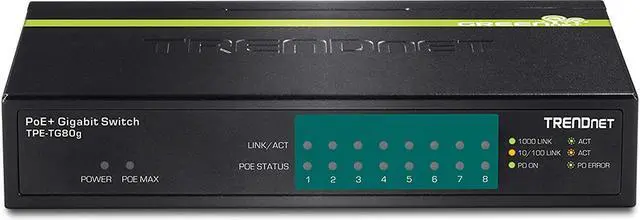 Alt view image 3 of 5 - TRENDnet 8-Port Gigabit PoE+ Switch, TPE-TG80G, 8 x Gigabit PoE+ Ports, 123 W PoE Power Budget, 16 Gbps Switching Capacity, Desktop Switch, Ethernet Network Switch, Metal, Lifetime Protection