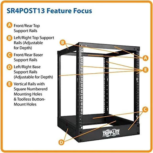 Alt view image 2 of 3 - Tripp Lite 13U 4-Post Open Frame Rack, Network Equipment Rack, 1000 Lb. Capacity (Sr4post13),Black