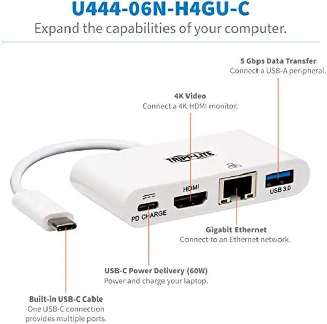Alt view image 5 of 7 - Tripp Lite Usb C To Hdmi Multiport Video Adapter Converter 4K W/ Usb-A Hub, Usb-C Pd Charging Port & Gigabit Ethernet Port, Thunderbolt 3 Compatible, Usb Type C, Usb Type-C (U444-06N-H4gu-C),White