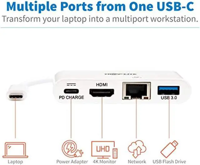 Alt view image 7 of 7 - Tripp Lite Usb C To Hdmi Multiport Video Adapter Converter 4K W/ Usb-A Hub, Usb-C Pd Charging Port & Gigabit Ethernet Port, Thunderbolt 3 Compatible, Usb Type C, Usb Type-C (U444-06N-H4gu-C),White