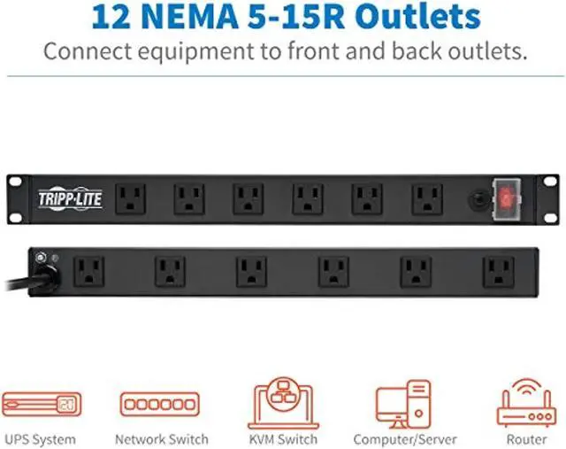 Alt view image 6 of 7 - Tripp Lite Rs1215-Ra Rackmount Network-Grade Pdu Power Strip, 12 Right Angle Outlets Wide-Spaced, 15A, 15Ft Cord W/ 5-15P Plug,, Black
