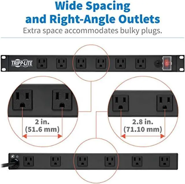 Alt view image 7 of 7 - Tripp Lite Rs1215-Ra Rackmount Network-Grade Pdu Power Strip, 12 Right Angle Outlets Wide-Spaced, 15A, 15Ft Cord W/ 5-15P Plug,, Black