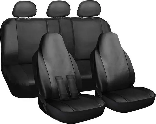 Main image of Car Seat Cover - PU Leather Solid Black with Front Low Bucket  Set of 10 pc