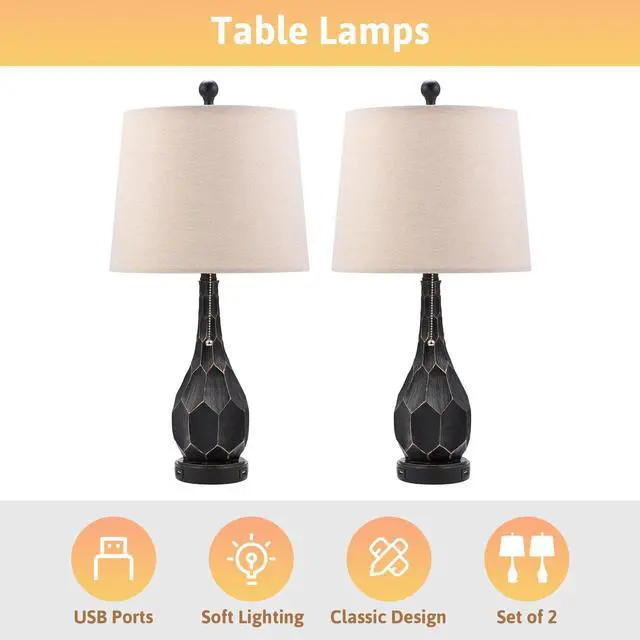 Main image of 25in Table Lamp Bedroom Light with USB Charging for Bedroom Set of 2, Black