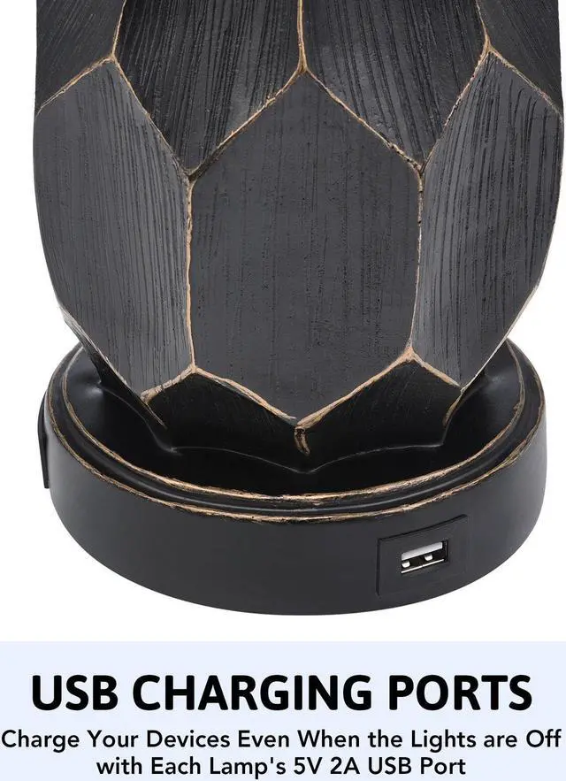 Alt view image 5 of 6 - 25in Table Lamp Bedroom Light with USB Charging for Bedroom Set of 2, Black