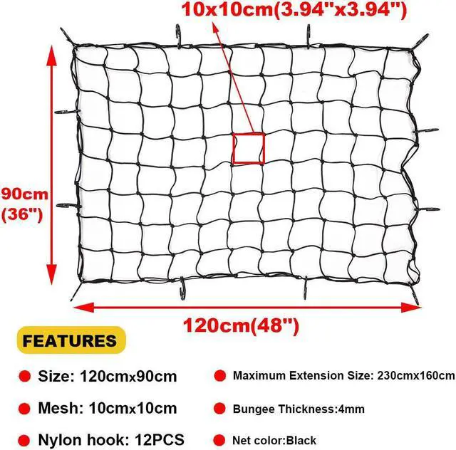 Alt view image 2 of 6 - Car Roof Rack Cargo Latex Net Bungee Mesh 48''x36'' SUV Pickup Truck 12 Hook