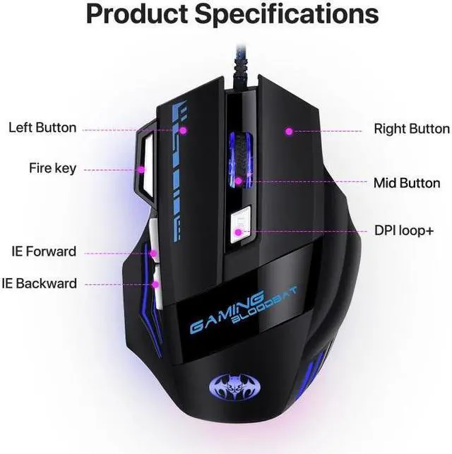 Alt view image 6 of 7 - GAMING BLOODBAT GM02 7 Keys USB Wired Optoelectronics Game Mouse Digital Respiratory Lights Mouse