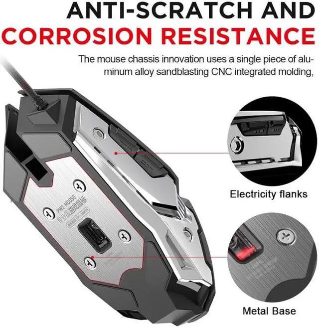 Alt view image 6 of 7 - Inphic PW2 4000 DPI 6 Keys Home Office Luminous Macro Programming USB Computer Mechanical Game Wired Mouse PW2 (Metallic Gray) (Metallic Gray)