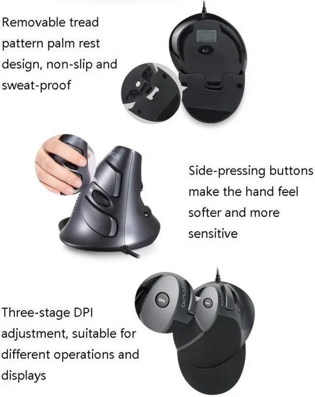 Alt view image 5 of 6 - DELUX M618 6-Keys Vertical Handheld Mouse Ergonomic Wired Mouse, Cable Length: 1.5m Wired (Black)