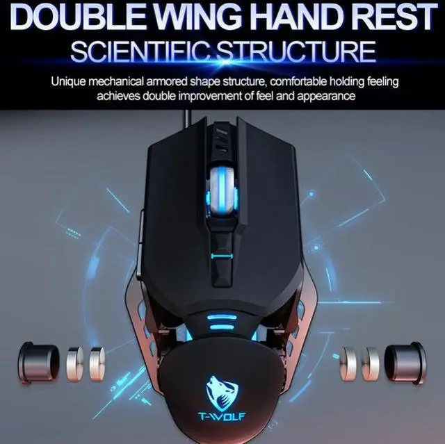 Alt view image 3 of 7 - T-WOLF G530 USB Interface 7-Buttons 6400 DPI Wired Mouse Mechanical Gaming Macro Definition 4-Color Breathing Light Gaming Mouse, Cable Length: 1.5m ( Black)