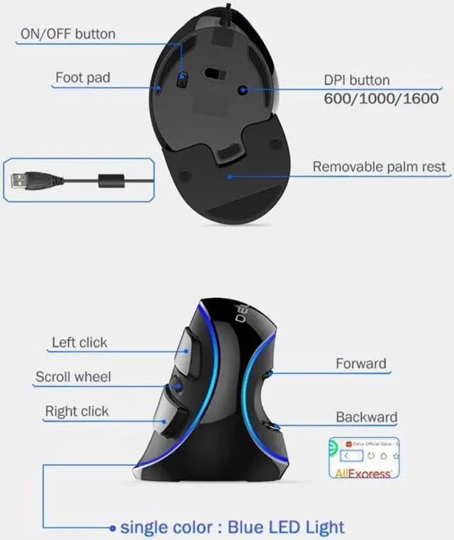 Alt view image 5 of 7 - DELUX M618 Plus Wired Blue Version Optical Mouse Ergonomic Vertical Mouse 1600DPI