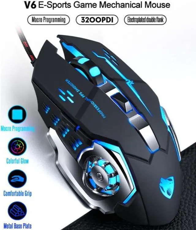 Alt view image 3 of 7 - T-WOLF V6 USB Interface 6-Buttons 3200 DPI Wired Mouse Gaming Mechanical Macro Programming 7-Color Luminous Gaming Mouse, Cable Length: 1.5m (Macro Definition Silent Version Star Color)