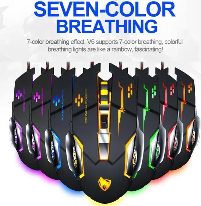 Alt view image 6 of 7 - T-WOLF V6 USB Interface 6-Buttons 3200 DPI Wired Mouse Gaming Mechanical Macro Programming 7-Color Luminous Gaming Mouse, Cable Length: 1.5m (Macro Definition Silent Version Star Color)