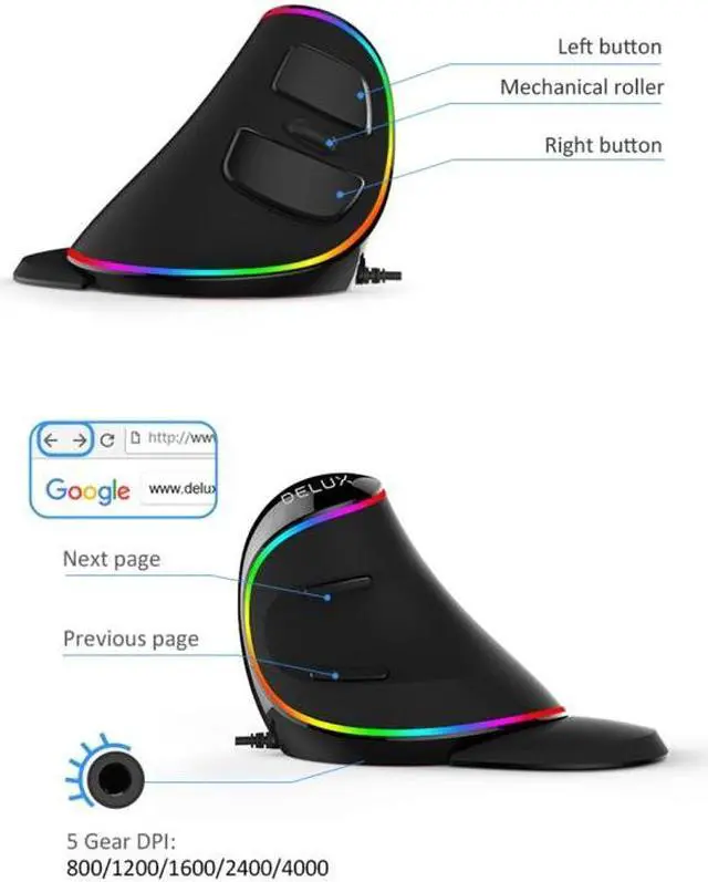 Alt view image 7 of 7 - DELUX M618 Plus RGB Wired Optical Mouse Ergonomic Vertical Mouse 4000DPI